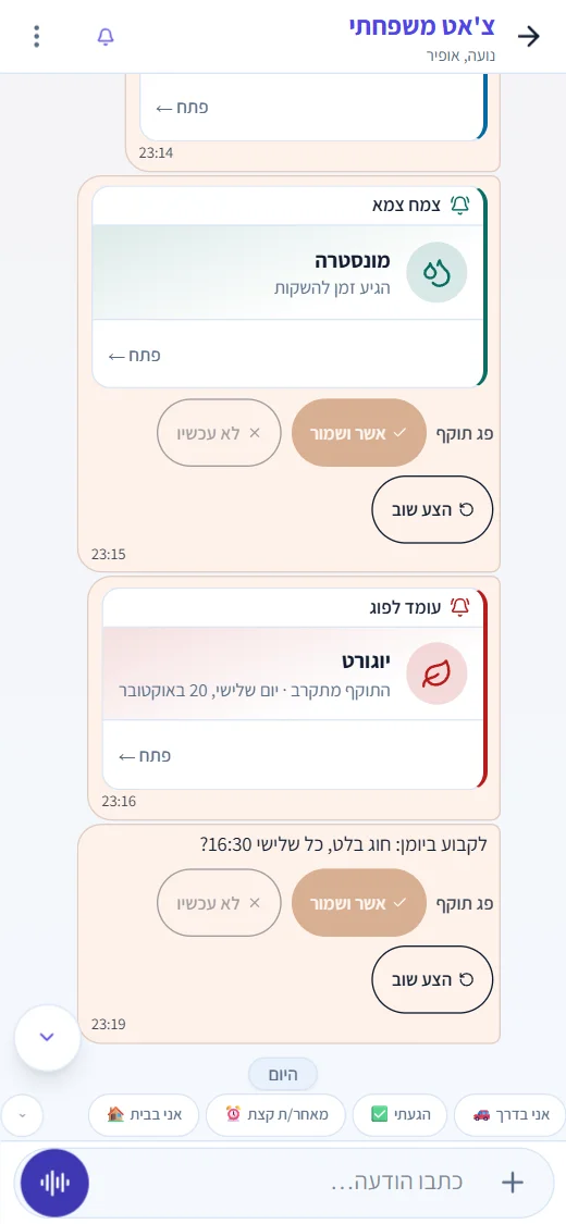 מסך הצ'אט המשפחתי ב-Tolvi: כרטיס של היום והצעת אירוע עם כפתור אשר ושמור